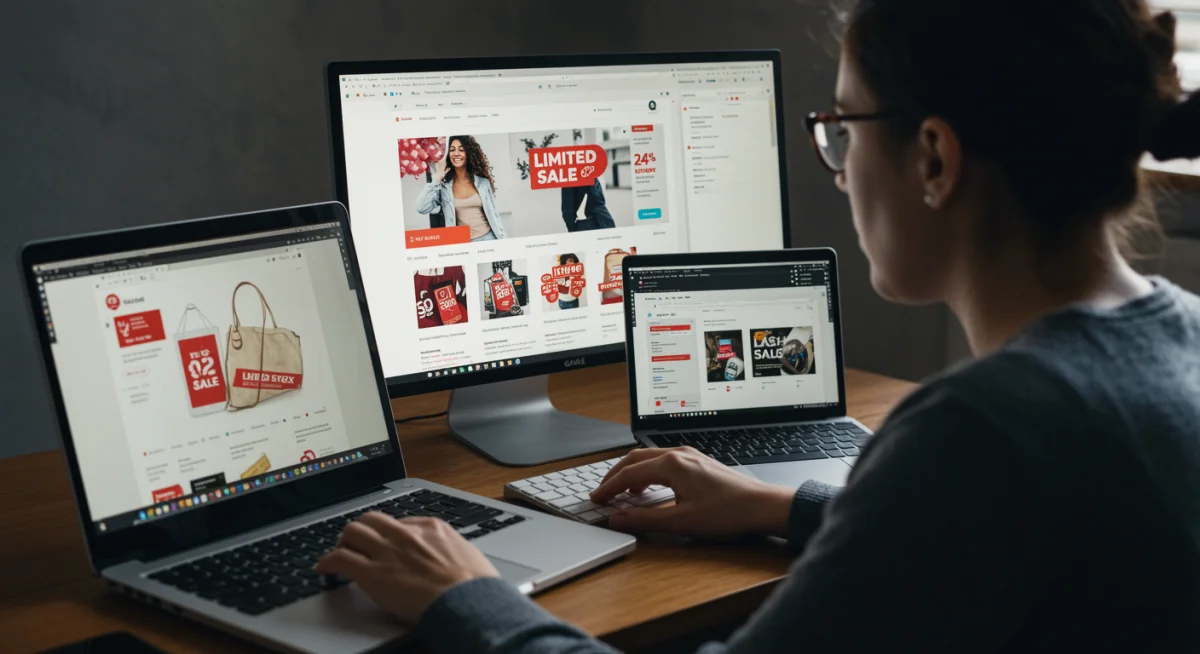 Shopper monitoring multiple screens for limited stock daily deal picks.