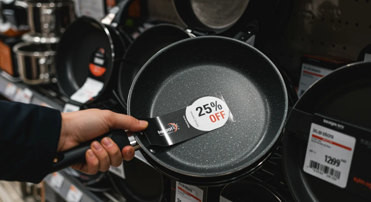 Hand picking a non-stick frying pan with a 25% off tag