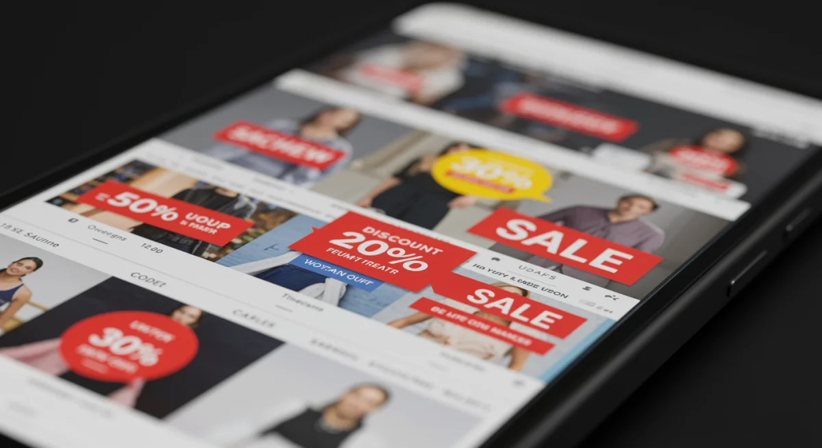 Smartphone displaying online discount codes and sales for apparel, highlighting digital savings strategies.