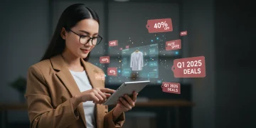Woman shopping online for apparel deals in Q1 2025
