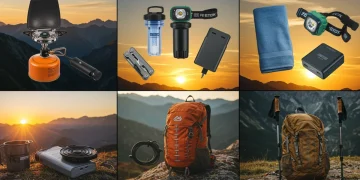 Eight essential outdoor gear items under $75 for 2025 adventures, including a camping stove, water filter, headlamp, backpack, multi-tool, power bank, towel, and trekking poles.