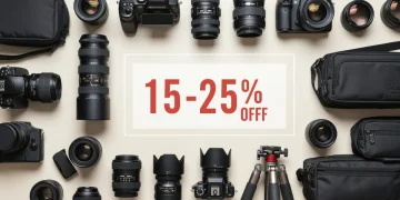 Illustration of photography gear including cameras and lenses with sale tags