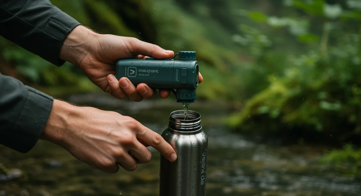 Person using a portable water filter in a mountain stream, demonstrating its effectiveness for clean drinking water during outdoor adventures.
