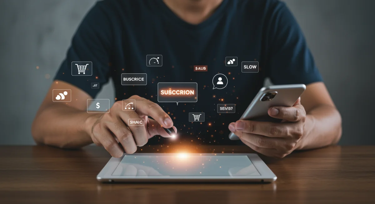 Person comparing subscription prices on multiple devices