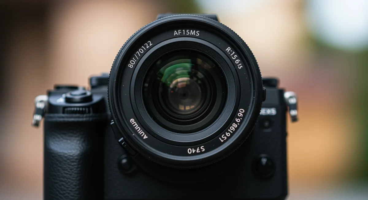 Close-up of a prime lens on a mirrorless camera body