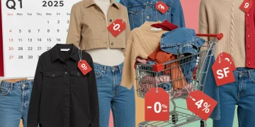 Q1 2025 apparel discount events calendar with diverse clothing items