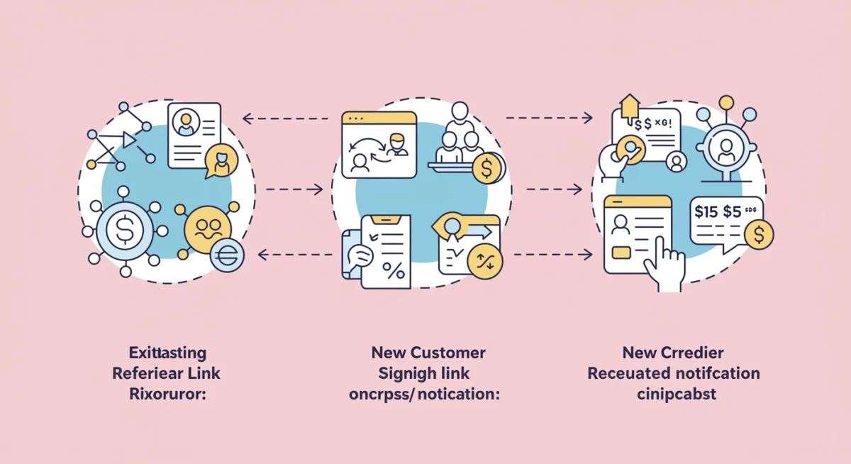 Illustration of a referral program cycle: share, sign-up, and earn credit.