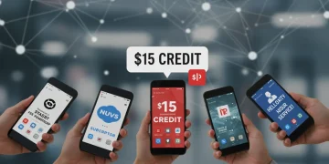 Hands holding smartphones showcasing various subscription apps with a $15 referral credit notification.