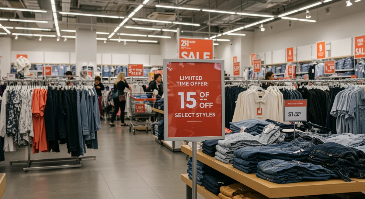 Shoppers browsing clothing racks during a 15% off sale in a retail store