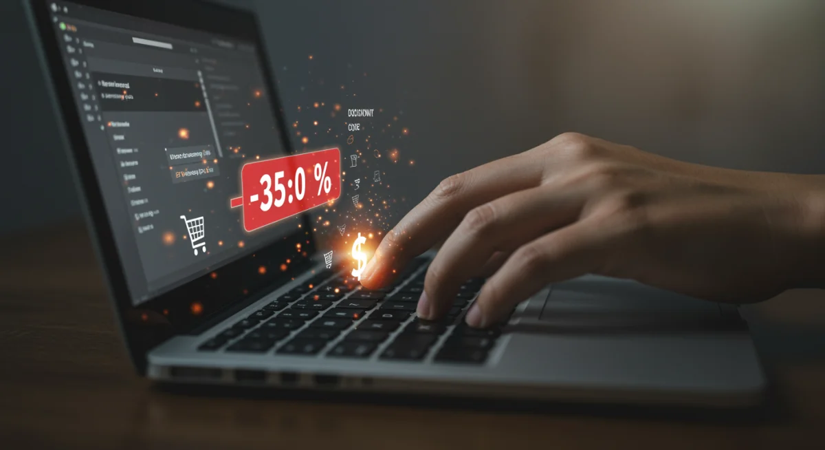 Hand typing on a laptop keyboard, searching for discount codes