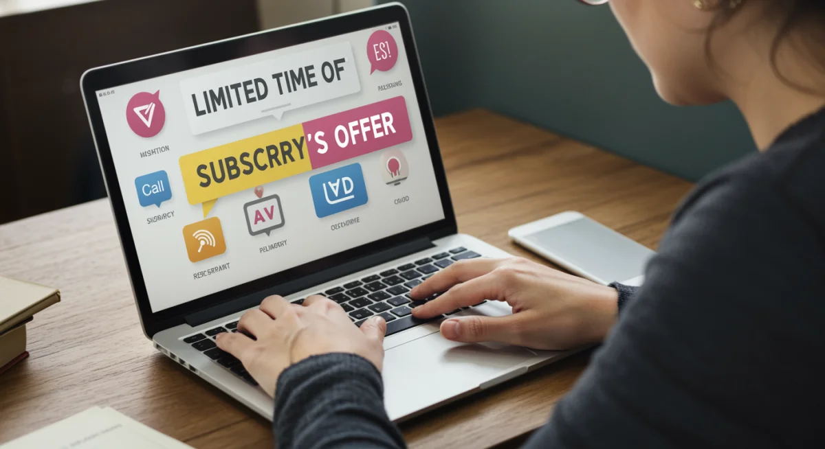 Person making quick decision on laptop, viewing limited-time subscription offers and promotions.