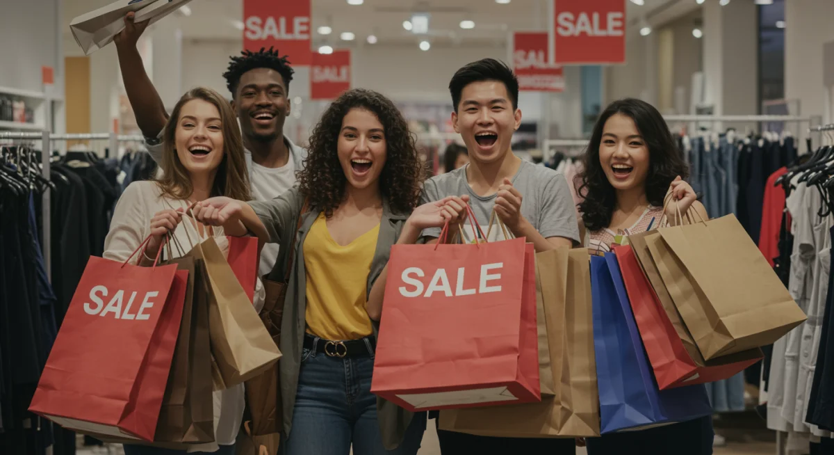 Shoppers enthusiastically searching for the best deals during a major apparel sale event