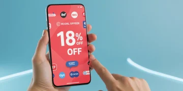 Modern smartphone displaying an 18% off deal from major carriers.