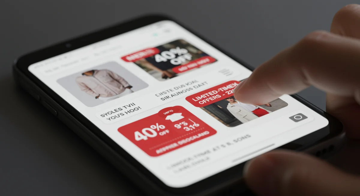 Smartphone displaying apparel discount alerts and deals