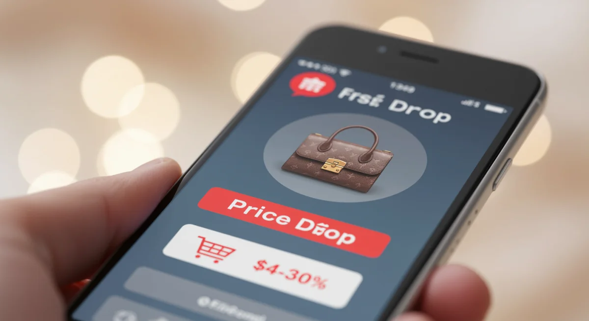 Smartphone showing a price drop alert for a designer handbag