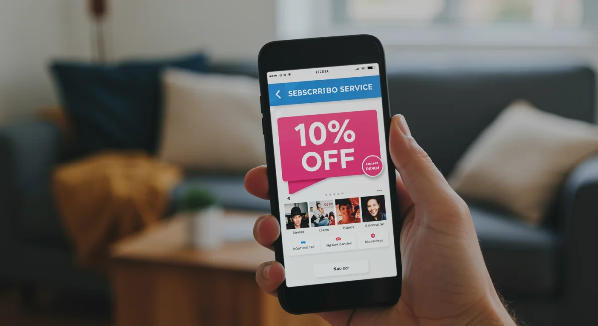 Smartphone displaying a 10% off subscription deal, representing significant savings.