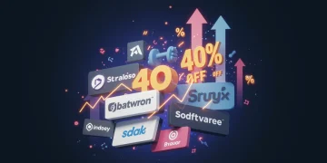 Illustration of stacked subscription service logos with discount symbols, representing maximum savings.