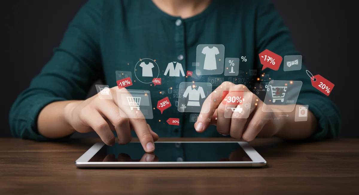 Person using a tablet to find apparel flash sales and discounts.