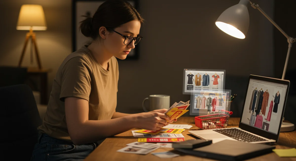 Person organizing coupons and digital discounts for strategic apparel purchases.