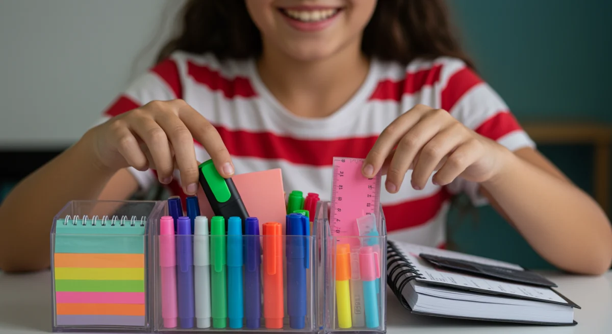 Student organizing colorful new stationery supplies for school