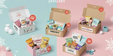 Illustration of five diverse subscription boxes, each priced under $30, showcasing various products like snacks, beauty items, and crafts against a clean winter background.