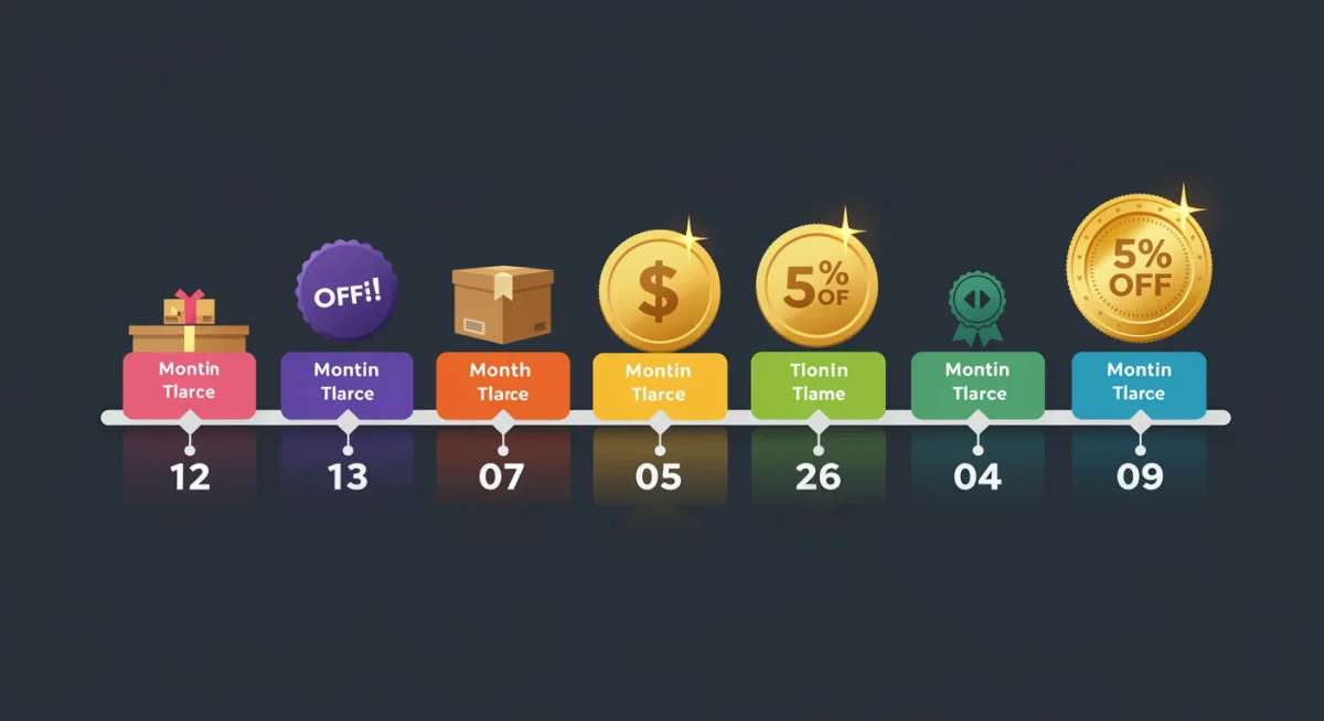 Timeline marking 12 months leading to a 5% off loyalty badge, symbolizing consistent subscription rewards.