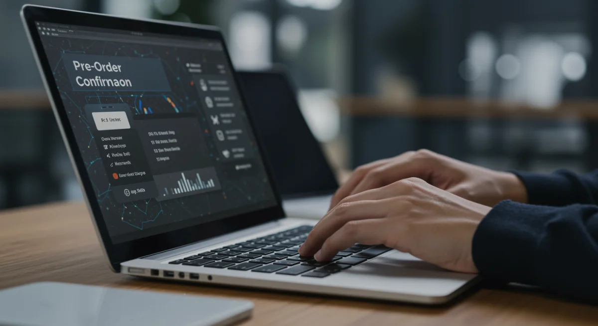 Person typing on a new ultra-thin laptop, securing a pre-order deal