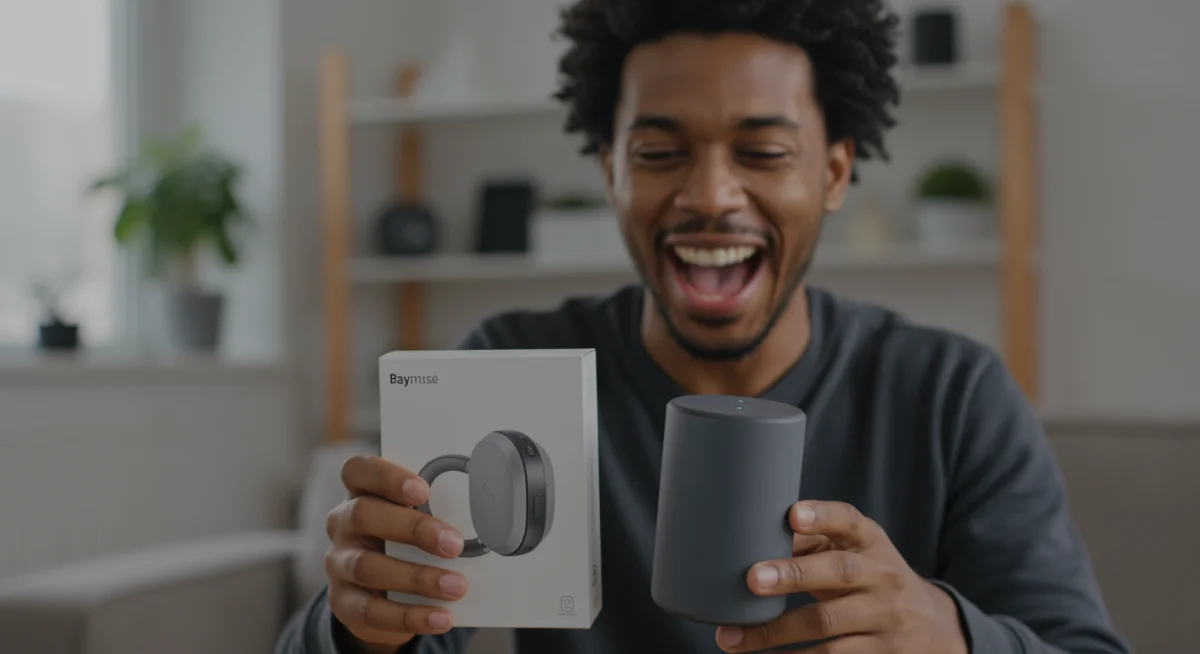 Person unboxing a new, affordable tech gadget, highlighting the satisfaction of a smart purchase.