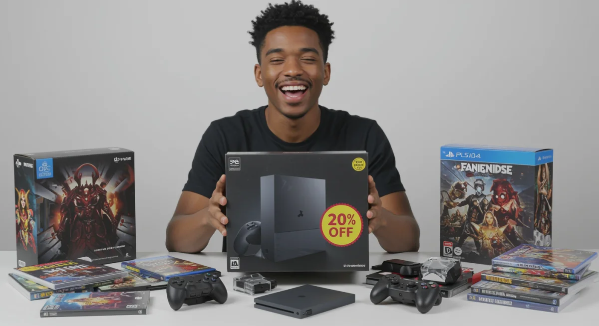 Person unboxing a discounted gaming console bundle with 20% off sticker