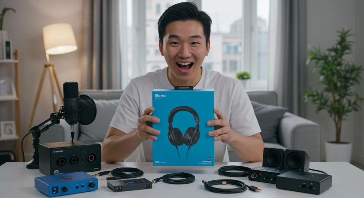 Person unboxing new headphones with a joyful expression, highlighting the excitement of a great audio purchase.