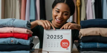Woman smiling while organizing her closet, representing successful apparel budget management for 2025.