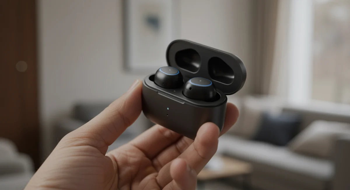 Person holding a compact wireless earbud case, highlighting portability and design